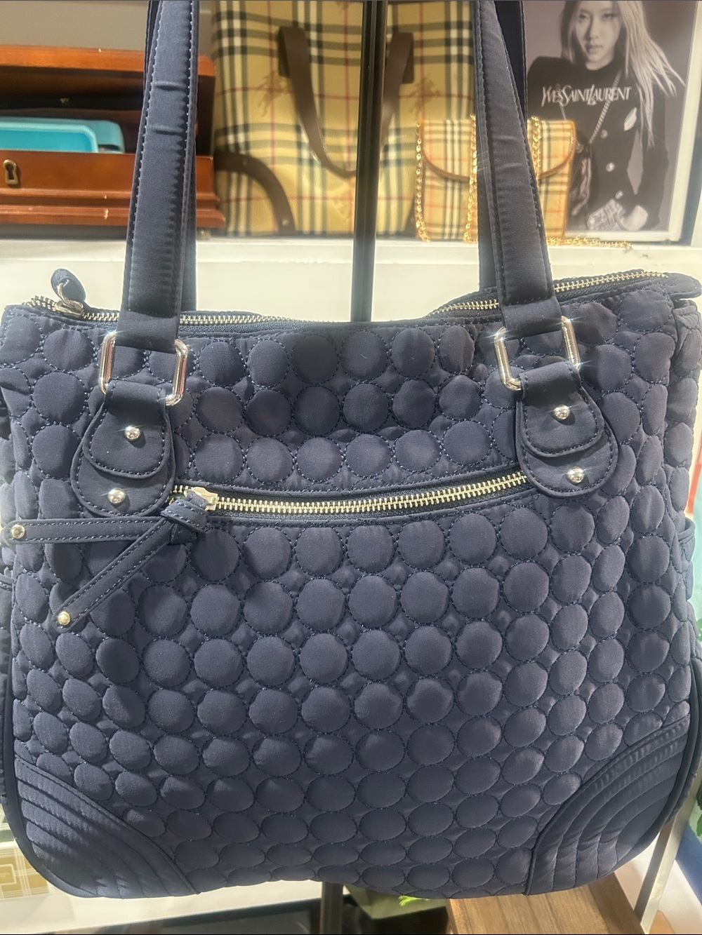 Vera Bradley Quilted Navy Tote Bag with Front Zip Pocket